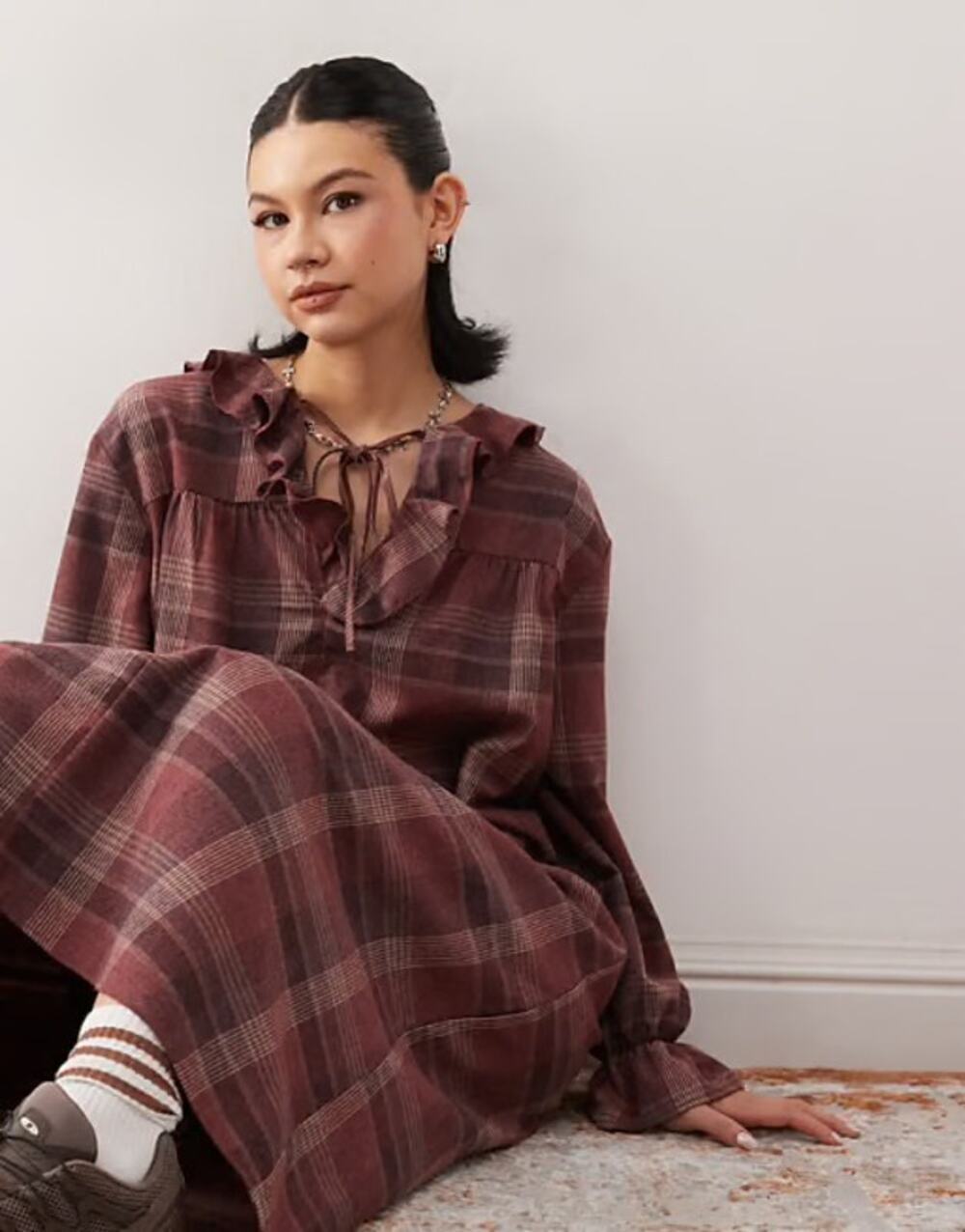 Reclaimed Vintage Plaid Oversized Smock Midi Dress Ruffle Tie Neck M